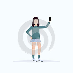 Brunette woman taking selfie photo on smartphone camera casual female cartoon character posing white background flat