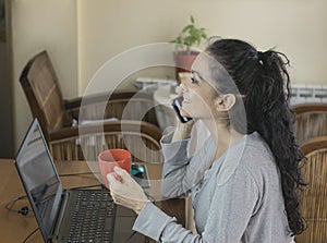 Brunette woman teleworking at home