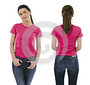 Brunette woman wearing blank pink shirt