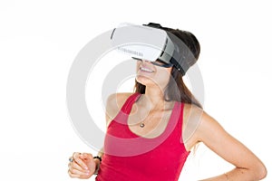 Brunette woman wearing metaverse vr goggles virtual Reality Headset on white Background