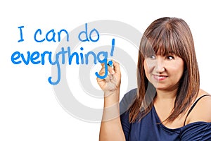 Brunette woman writing do everything with felt tip pen isolated