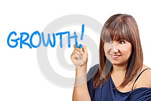 Brunette woman writing growth with felt tip pen isolated