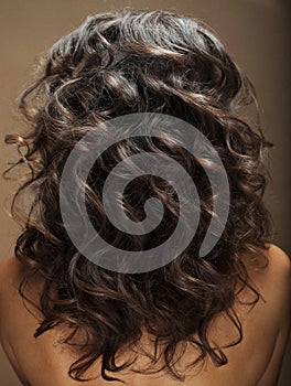 Brunette young woman with long, healthy and shiny curly hair . Beautiful model female with wavy hairstyle back view.