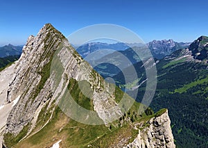 Brunnelistock or Bruennelistock Mountain above the valley Wagital and alpine Lake Wagitalersee Waegitalersee, Innerthal