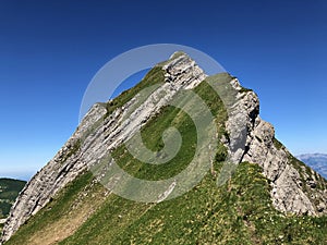 Brunnelistock or Bruennelistock Mountain above the valley Wagital and alpine Lake Wagitalersee Waegitalersee, Innerthal