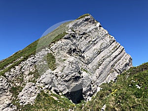 Brunnelistock or Bruennelistock Mountain above the valley Wagital and alpine Lake Wagitalersee Waegitalersee, Innerthal
