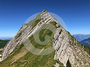 Brunnelistock or Bruennelistock Mountain above the valley Wagital and alpine Lake Wagitalersee Waegitalersee, Innerthal