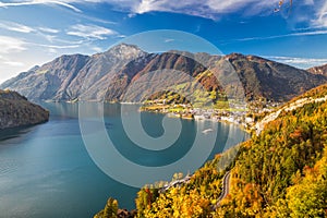 Brunnen town, Swiss Alps and Lucerne lake from Morschach, Switzerland