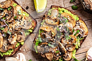 Bruschetta avocado, mushrooms and microgreen whole grain sandwich. Decorated with sesame. Vegetarian food. Vegan menu. Food recipe