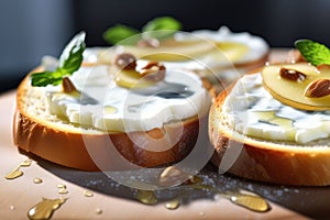 Bruschetta with caramelized pears and cheese, delicious crostini for gourmet breakfast, brunch or lunch