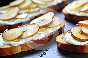 Bruschetta with caramelized pears and cheese, delicious crostini for gourmet breakfast, brunch or lunch