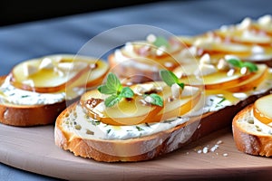 Bruschetta with caramelized pears and cheese, delicious crostini for gourmet breakfast, brunch or lunch