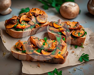 Bruschetta with chanterelle mushrooms on kraft paper. Food and appetizers. Mediterranean cuisine.