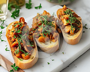 Bruschetta with chanterelle mushrooms on a marble board. Food and appetizers. Mediterranean cuisine.