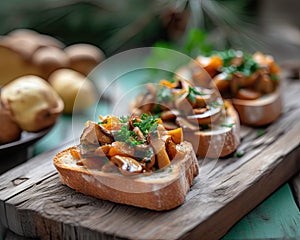 Bruschetta with chanterelle mushrooms on wooden board. Food and appetizers. Mediterranean cuisine.