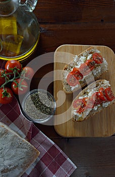 Bruschetta with cherry tomatoes, feta cheese ,olive oil,garlic and thyme