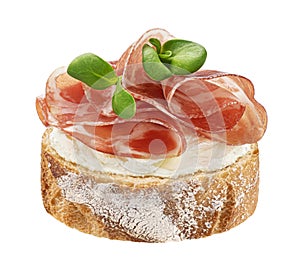 Bruschetta with Coppa ham isolated on white background