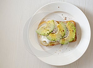 bruschetta with cream cheese and avocado in a plate close-up, with a copy of the space