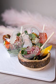 Bruschetta with different sensations on a white plate.