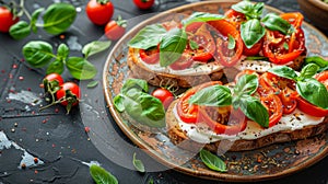 Bruschetta with fresh ricotta cheese and cherry tomatoes on wooden board decorated with basil leaves. Closeup view