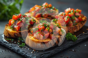 Bruschetta with Fresh Tomato and Herb Topping. Close-up of delicious bruschetta topped with fresh diced tomatoes, red onions, and photo