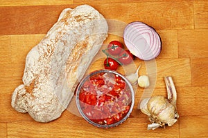 Bruschetta ingredients on a board