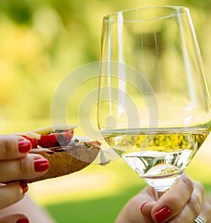 Bruschetta with prosciutto and a glass of wine in nature