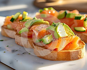 Bruschetta with salmon avocado on marble board. Food and appetizers. Mediterranean cuisine. Fish and health.
