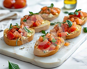 Bruschetta with salmon on marble board. Food and appetizers. Mediterranean cuisine. Fish and health.