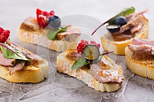 Bruschetta sandwiches with duck meat and berries