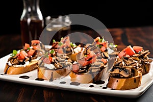 bruschetta with sliced mushrooms and truffle oil drizzles