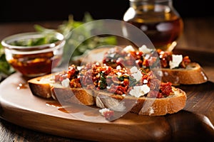 bruschetta with sun-dried tomatoes, olive oil, and crumbled feta