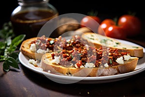 bruschetta with sun-dried tomatoes, olive oil, and crumbled feta