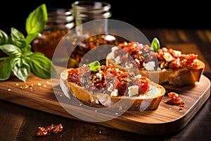 bruschetta with sun-dried tomatoes, olive oil, and crumbled feta