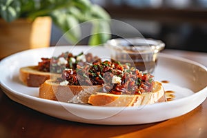 bruschetta with sun-dried tomatoes, olive oil, and crumbled feta