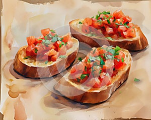 Bruschetta with tomato. Food and appetizers. Mediterranean cuisine. Fish and health.