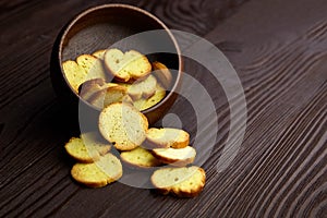 Bruschette chips, dry slices of baked bread in a bowl