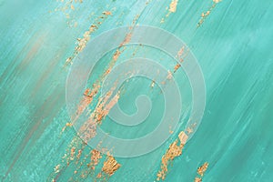 Brush abstract Strokes with gold spots potal. Mint green creative background for your design photo
