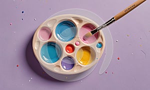 A brush is being used to paint a plate with colors, including blue, pink, yellow, and purple.