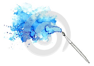 Brush and blue watery stain.Abstract watercolor hand drawn illustration.Azure splash.