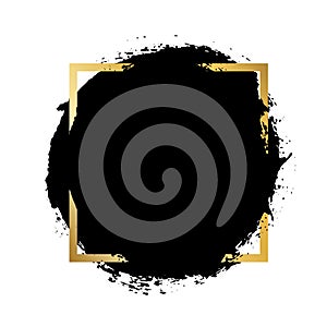 Brush circle stroke, gold text box, isolated white background. Black paint round brush. Grunge texture stroke frame. Ink