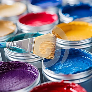 Brush close up on vibrant paint cans, artistic tools and colors