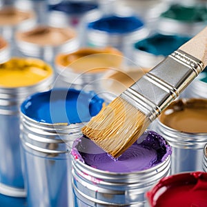 Brush close up on vibrant paint cans, artistic tools and colors