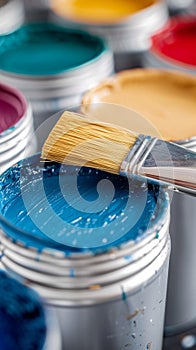 Brush close up on vibrant paint cans, artistic tools and colors