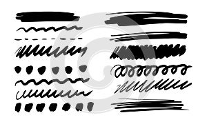 Brush drawn strikethrough vector elements. Set of grunge brush lines and strokes. Underline black graphic elements