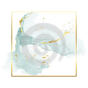 Brush grey blue strokes in gentle tones and gold foil rectangle frame on a white background. Vector watercolor art photo