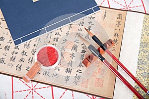 Brush, inkpad and books in calligraphy works