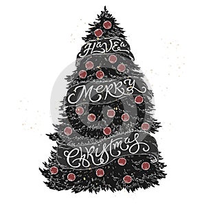Brush lettering greeting placed in a form of a decorated Christmas tree and saying Have a Merry Christmas