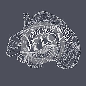 Brush lettering inspiration quote with tropical fish sketch outline saying Find your own flow.