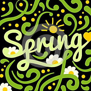 Brush lettering Spring on black background with decorations. The sun point, sun rays, glare, lines, and white daisies.